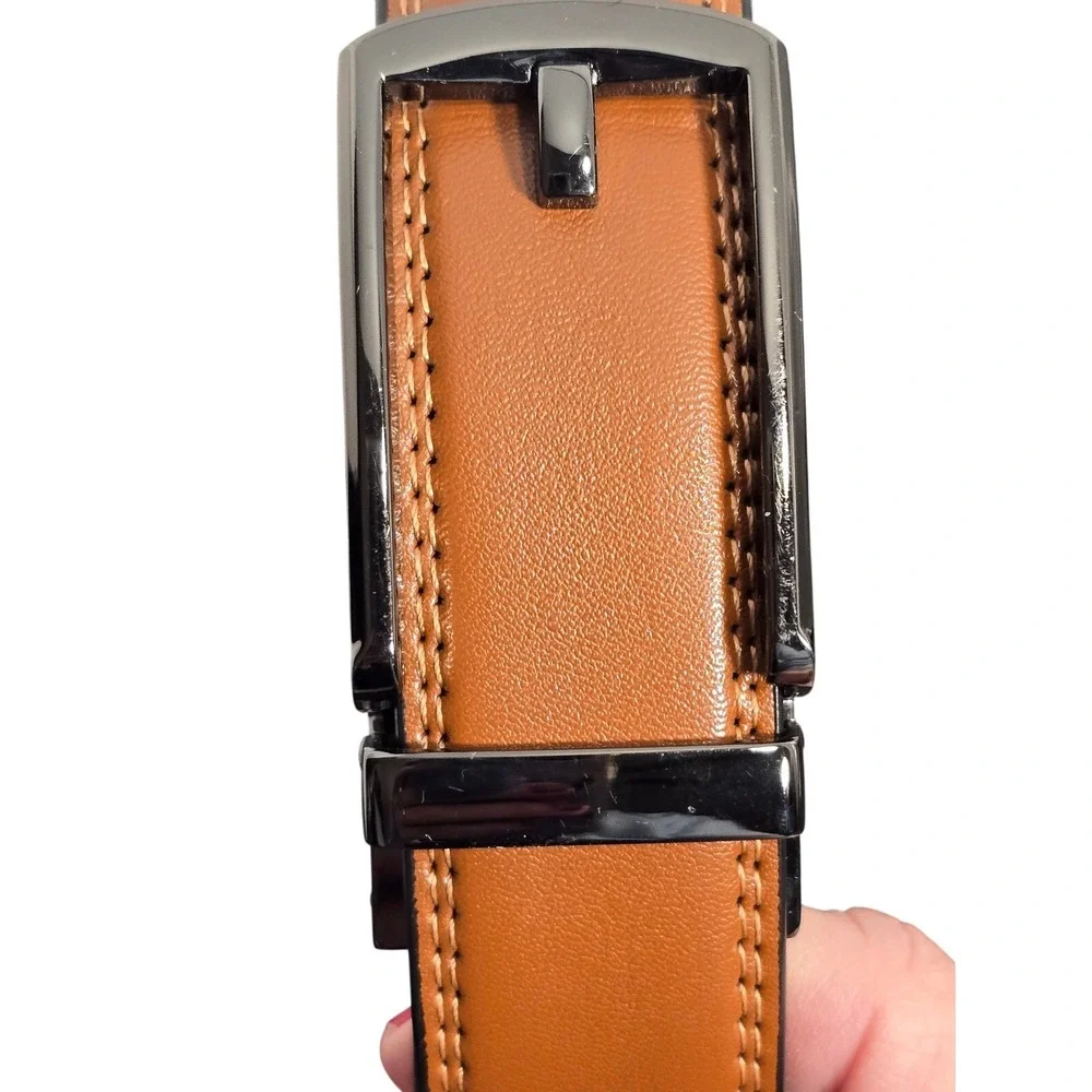 CHAOREN Mens Ratchet Belt Tan Brown Leather Gunmetal Slide Buckle Dress Belt NEW